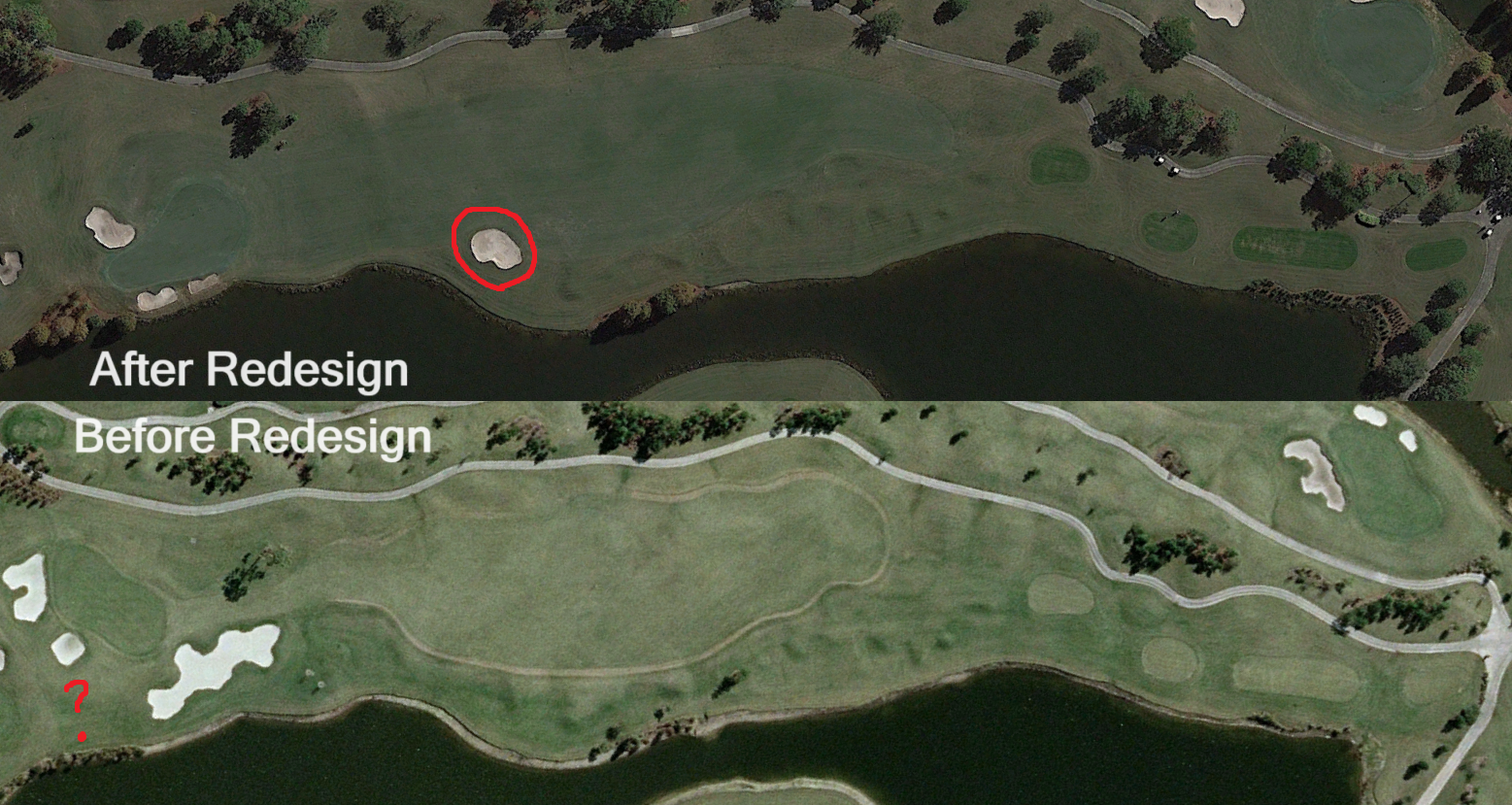 The first hole at Shingle Creek Golf Club before and after the 2016 redesign