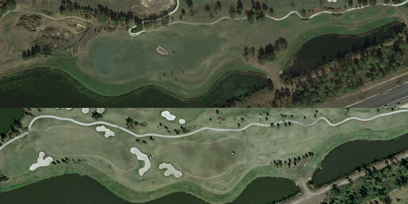The fourth hole at Shingle Creek Golf Club before and after the 2016 redesign