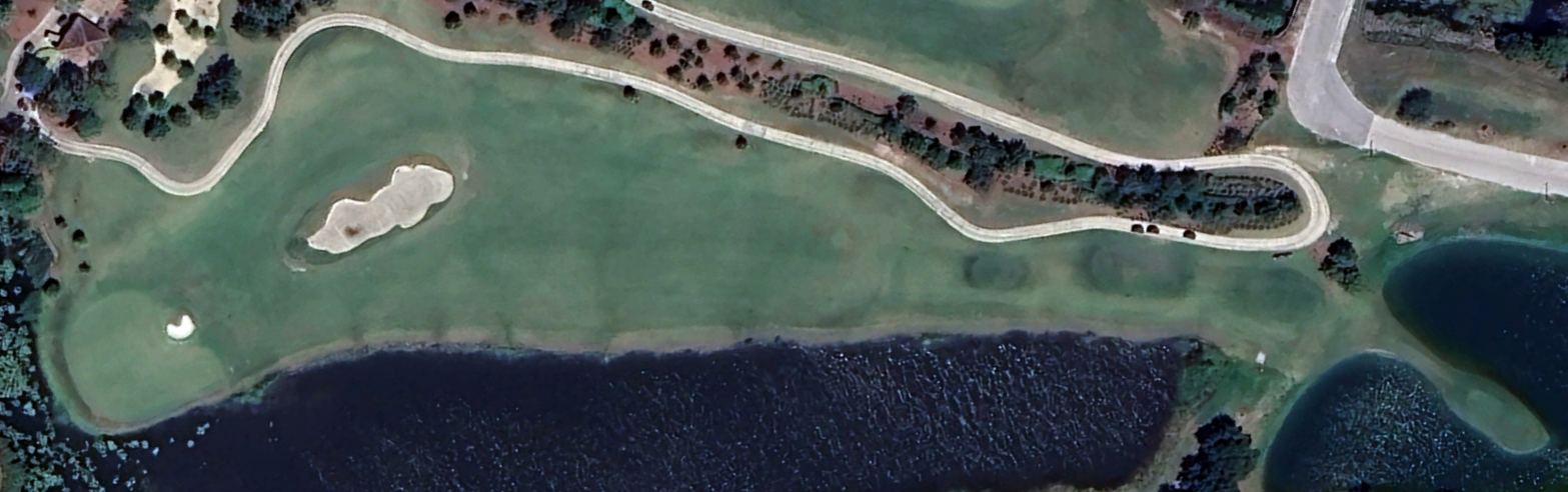An overhead view of the fourteenth hole at Shingle Creek Golf Club