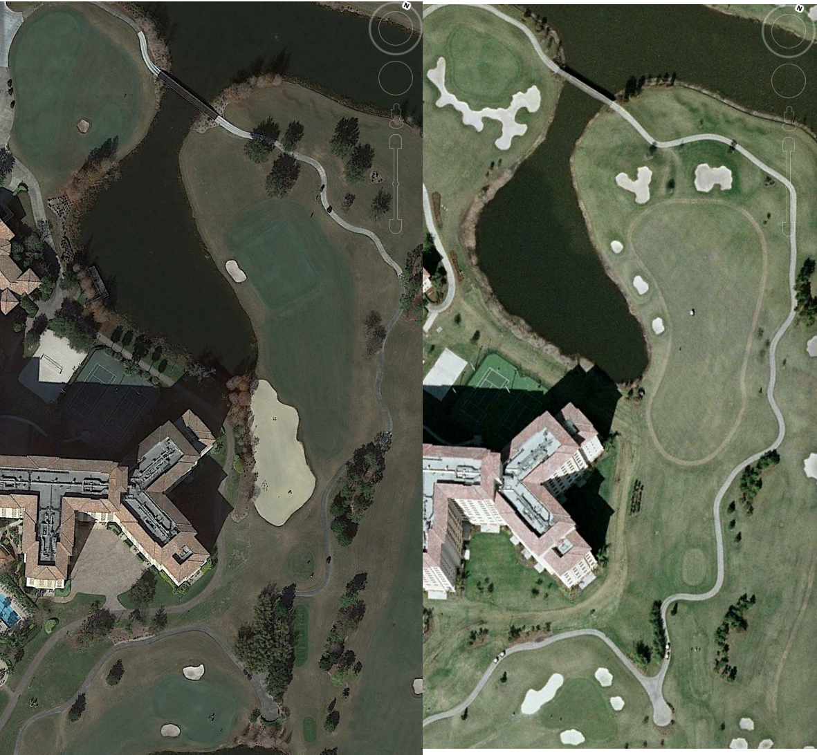 The seventh hole at Shingle Creek Golf Course compared to the old ninth hole circa 2015