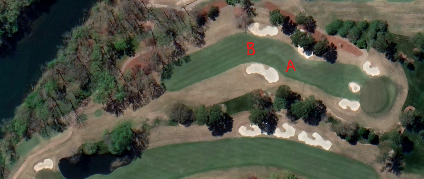 An overhead view of the thirteenth hole at Atlanta Athletic Club's Highlands Course