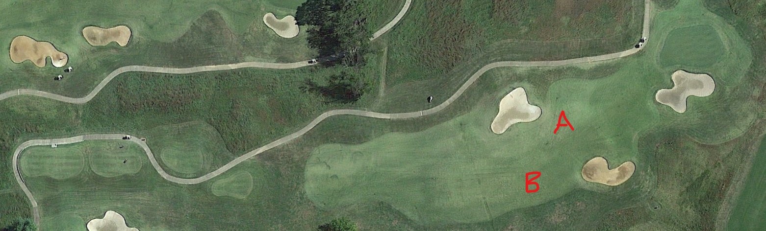 An overhead view of the eighth hole at GreyStone Golf Club