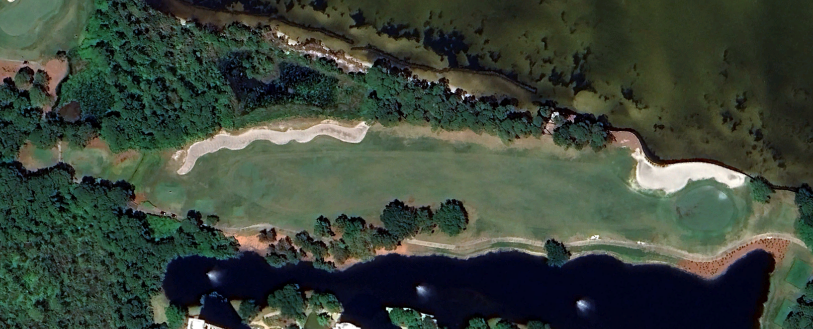 An overhead view of the fourth hole at Kelly Plantation Golf Club