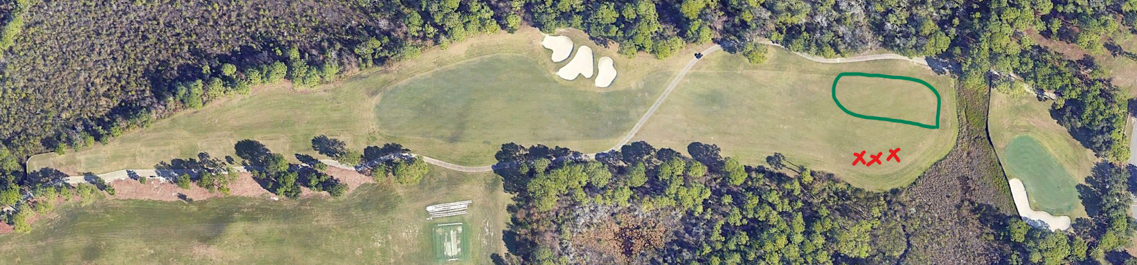 An overhead view of the tenth hole at Kelly Plantation Golf Club
