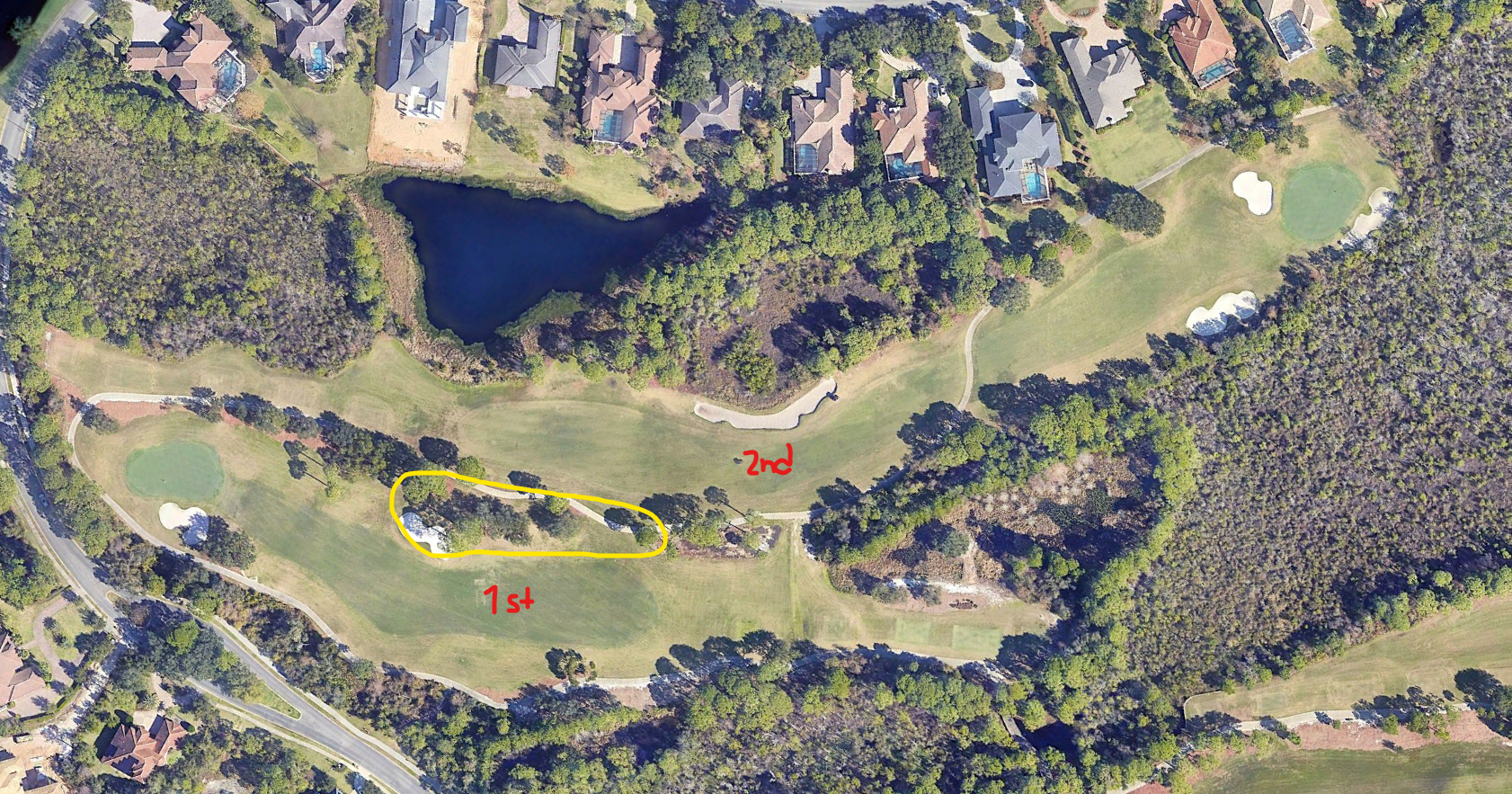 Overhead view of the first and second holes at Kelly Plantation Golf Club