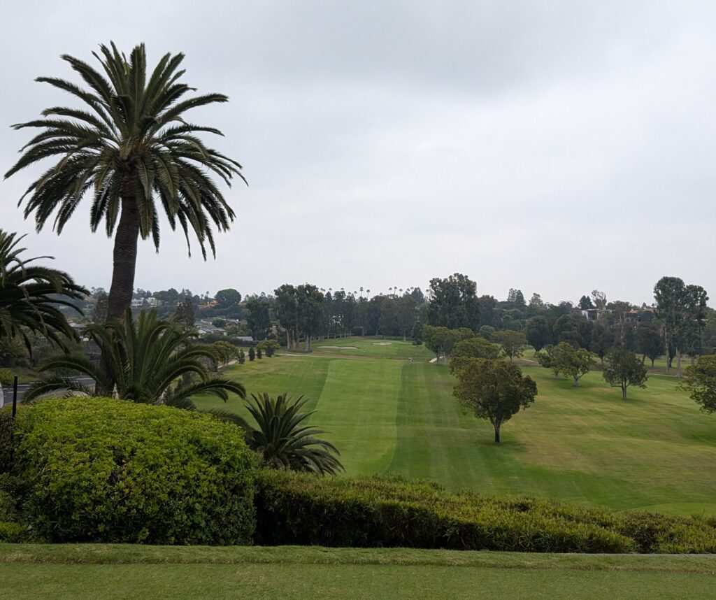 The first hole at the Riviera Country Club from the tee box.