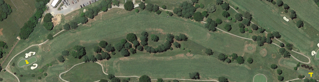 An overhead view of the second hole at Indian Hills Country Club