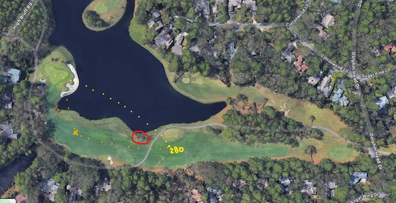 An overhead view of the eighteenth hole at Dolphin Head Golf Club