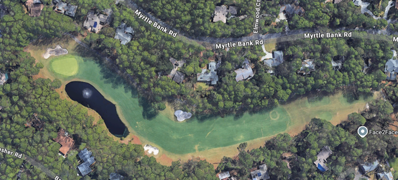 An overhead view of the eighth hole at Dolphin Head Golf Club