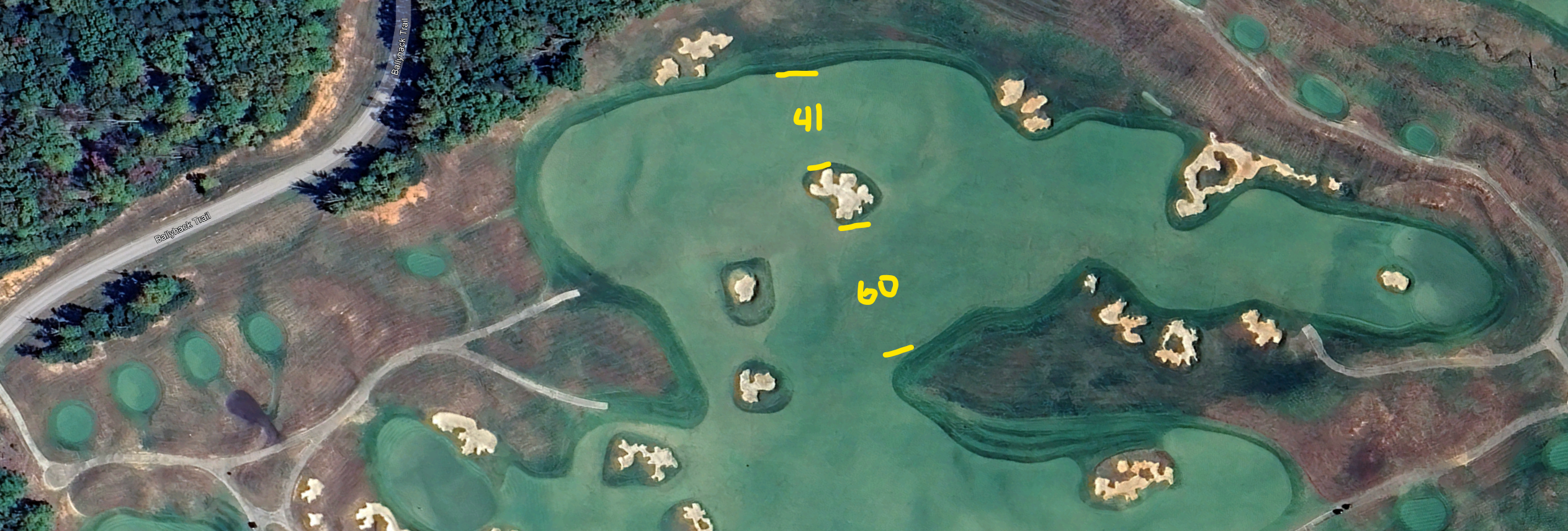 An overhead view of the second hole at Ballyhack Golf Club