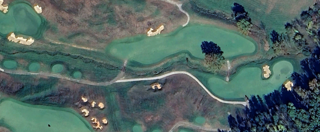 An overhead view of the eighth hole at Ballyhack Golf Club