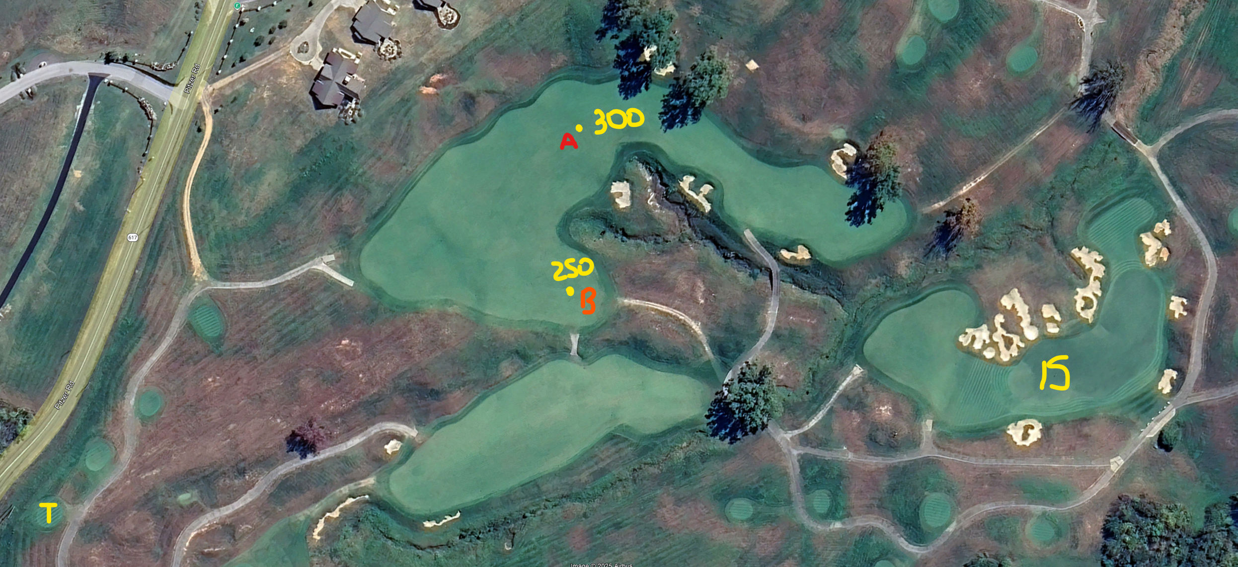 An overhead view of the fifteenth hole at Ballyhack Golf Course