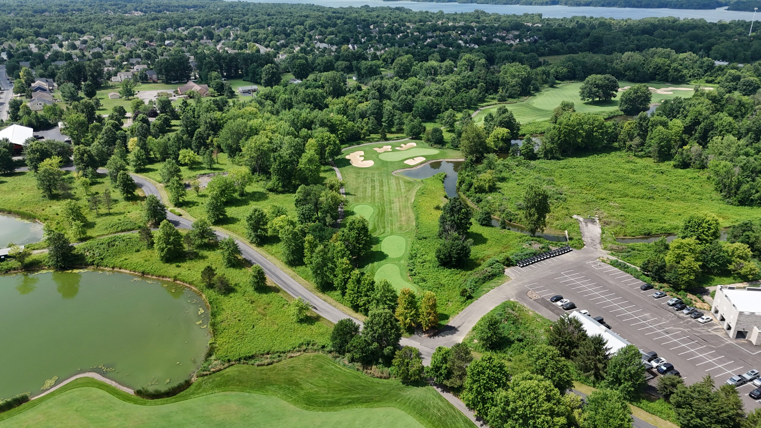 The sixteenth hole at Double Eagle Club, from above