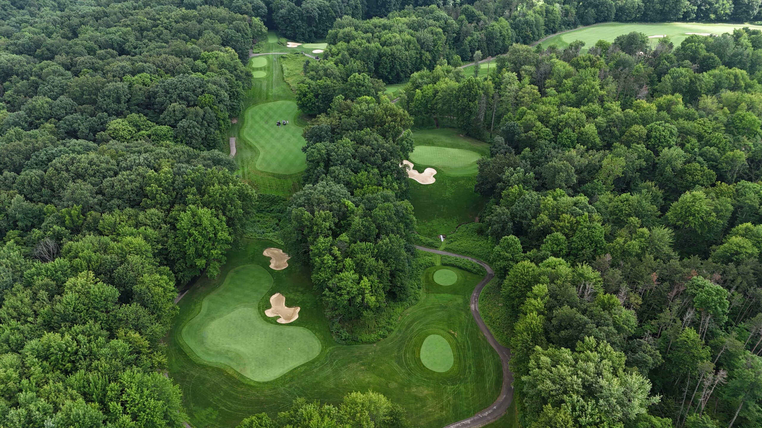 The seventh hole (left) and eighth hole (right) at Double Eagle Club, from above