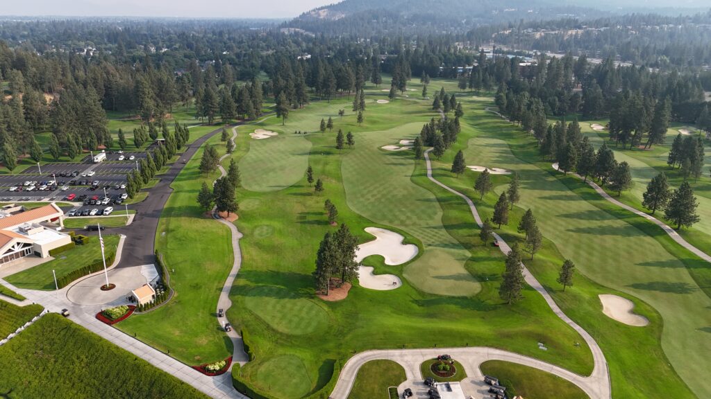 The first (left) and eighteenth (right) holes at Coeur D'Alene Resort Golf Course