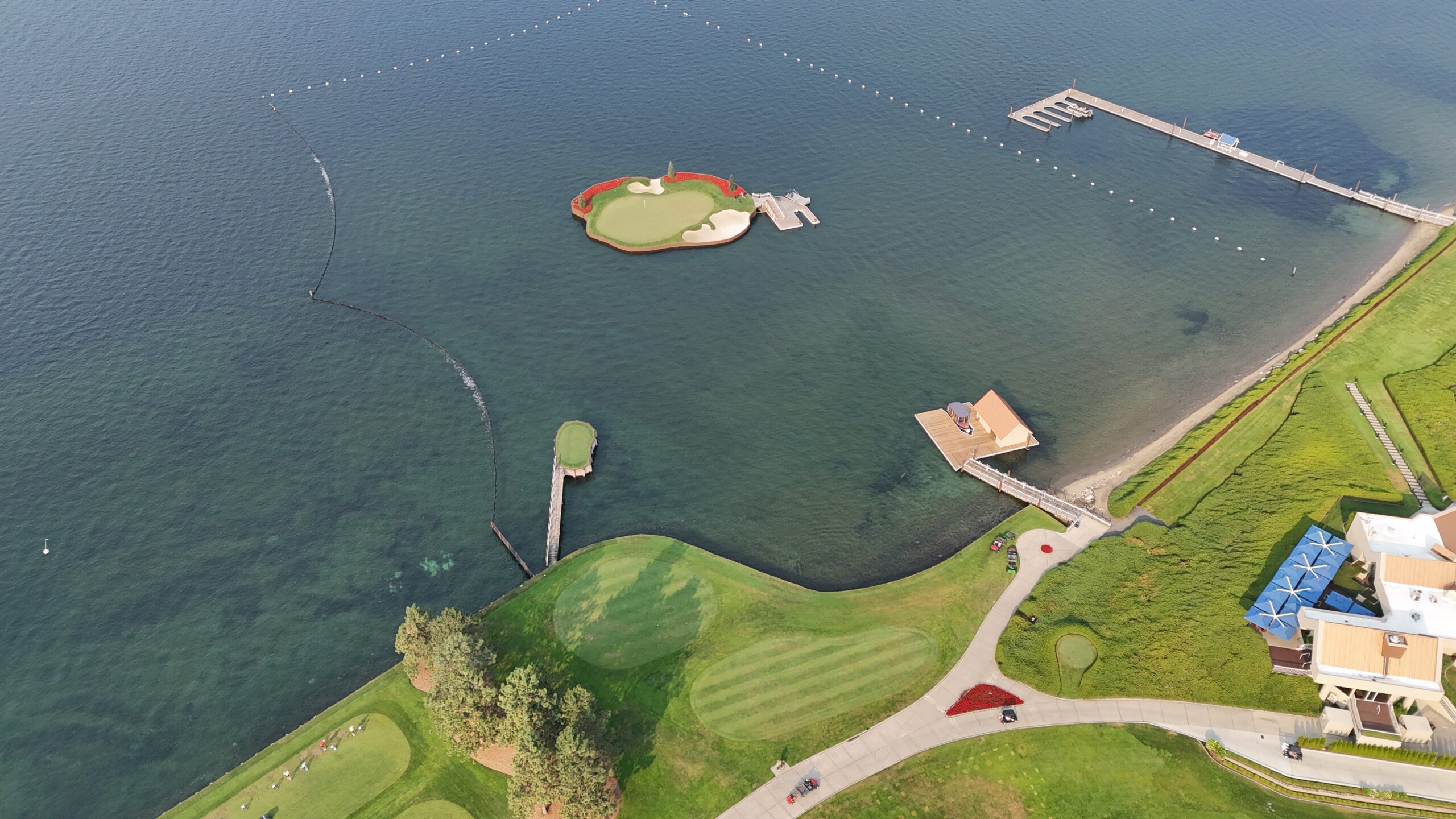 The fourteenth hole at Coeur D'Alene Resort Golf Course, from above